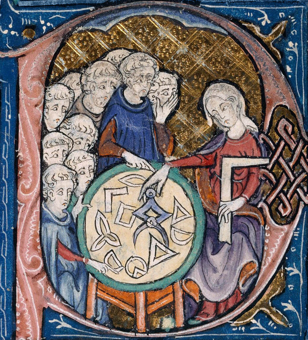Woman teaching geometry, from a medieval manuscript